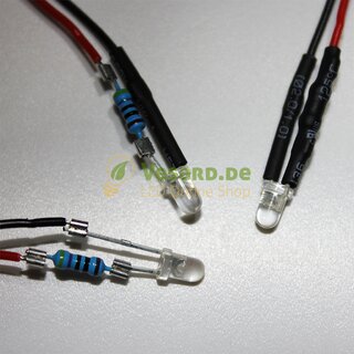 10er Set LEDs 3mm klar mit 20cm Kabel Widerstand 12-24V Leuchtdiode LED Dioden 